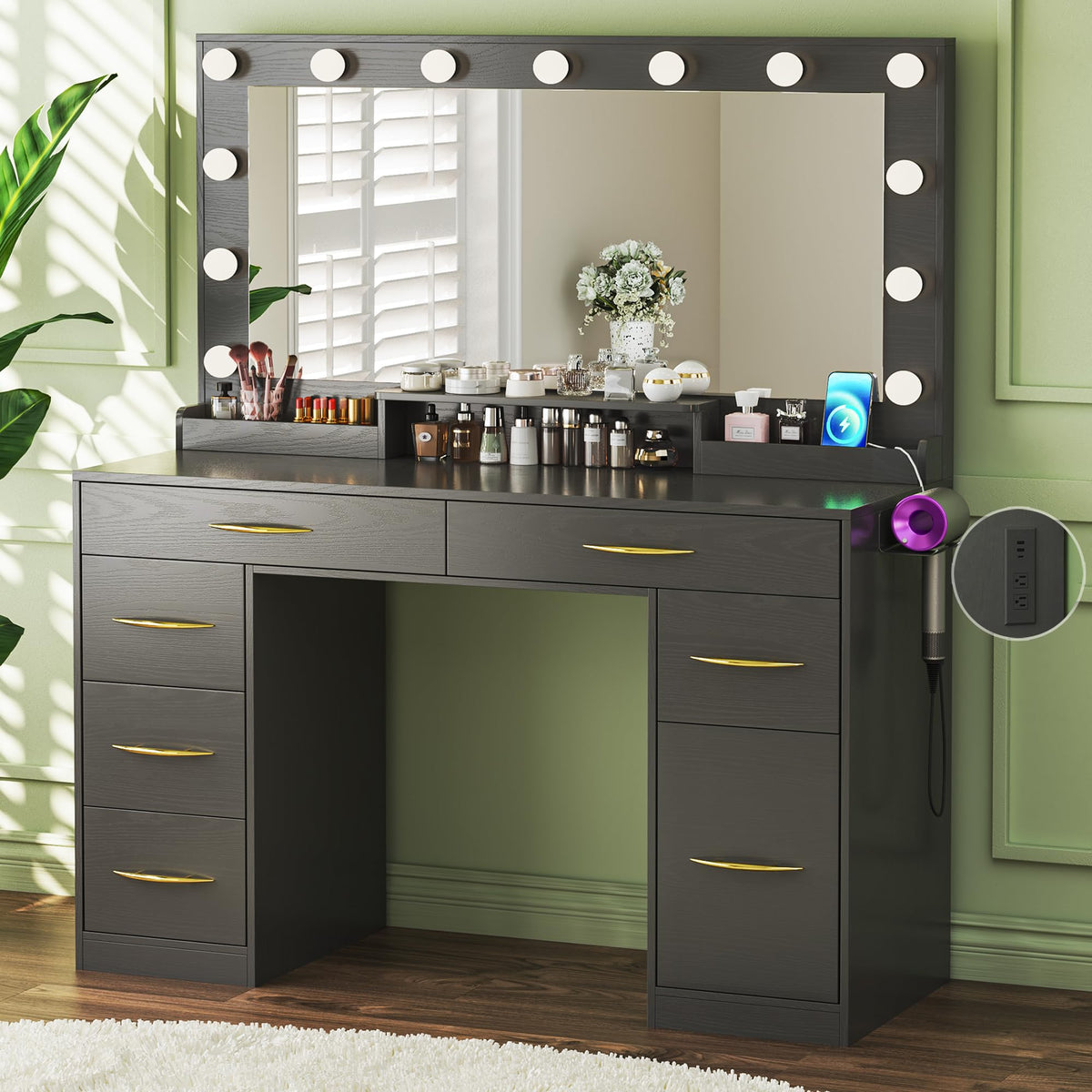 Dresser,Illuminated Makeup Vanity Desk with Large Mirror, 7 Storage Compartments & Adjustable Lighting