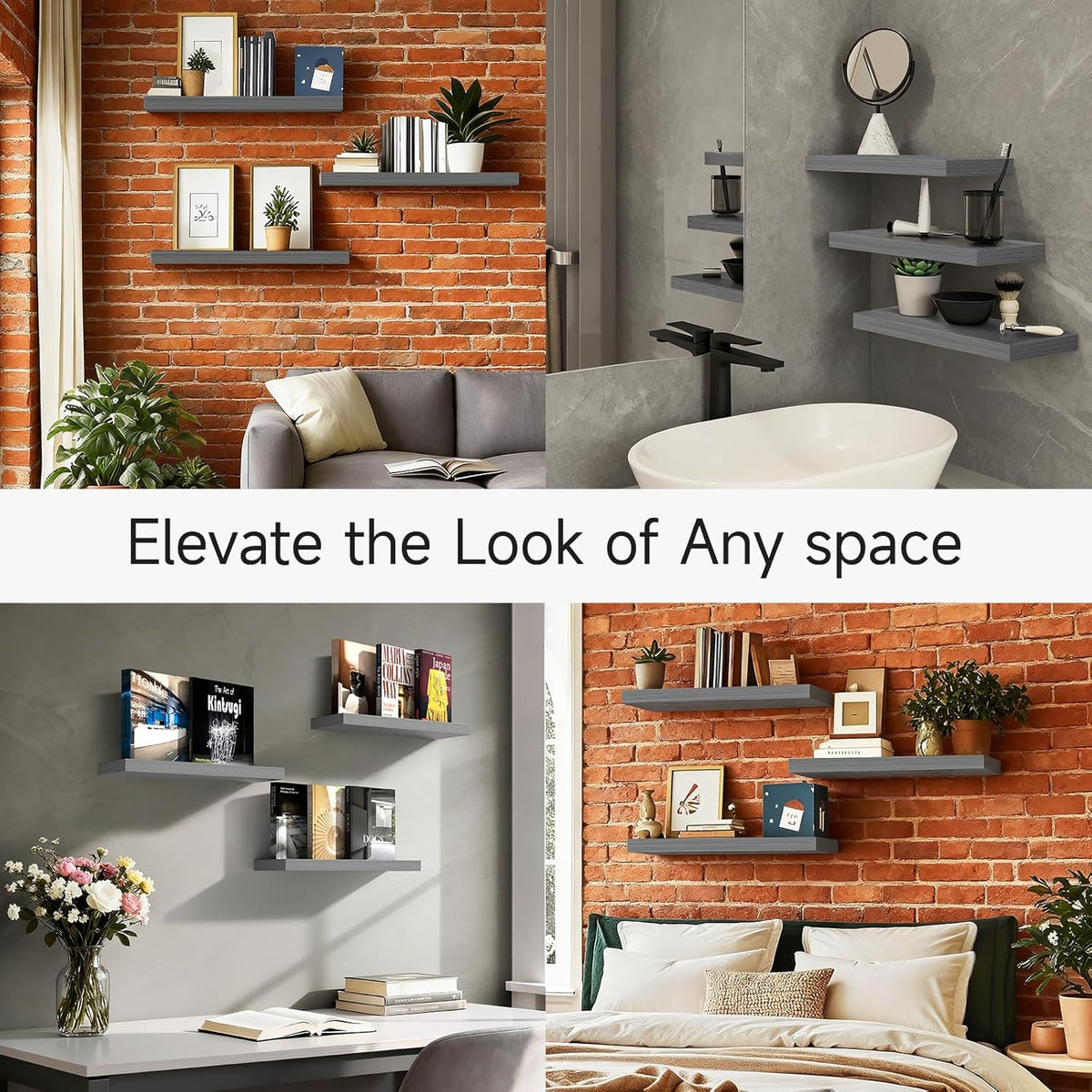 SUPERLELE 4-Pieces Floating Shelves for Wall, Wall Mounted Rustic Wood Shelves Grey