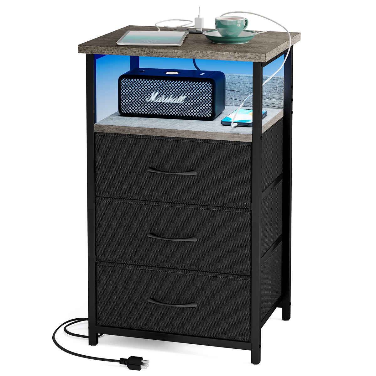 Nightstands,LED Nightstand with Charging Station & Fabric Drawers - Modern Bedside Table (French Oak Finish)