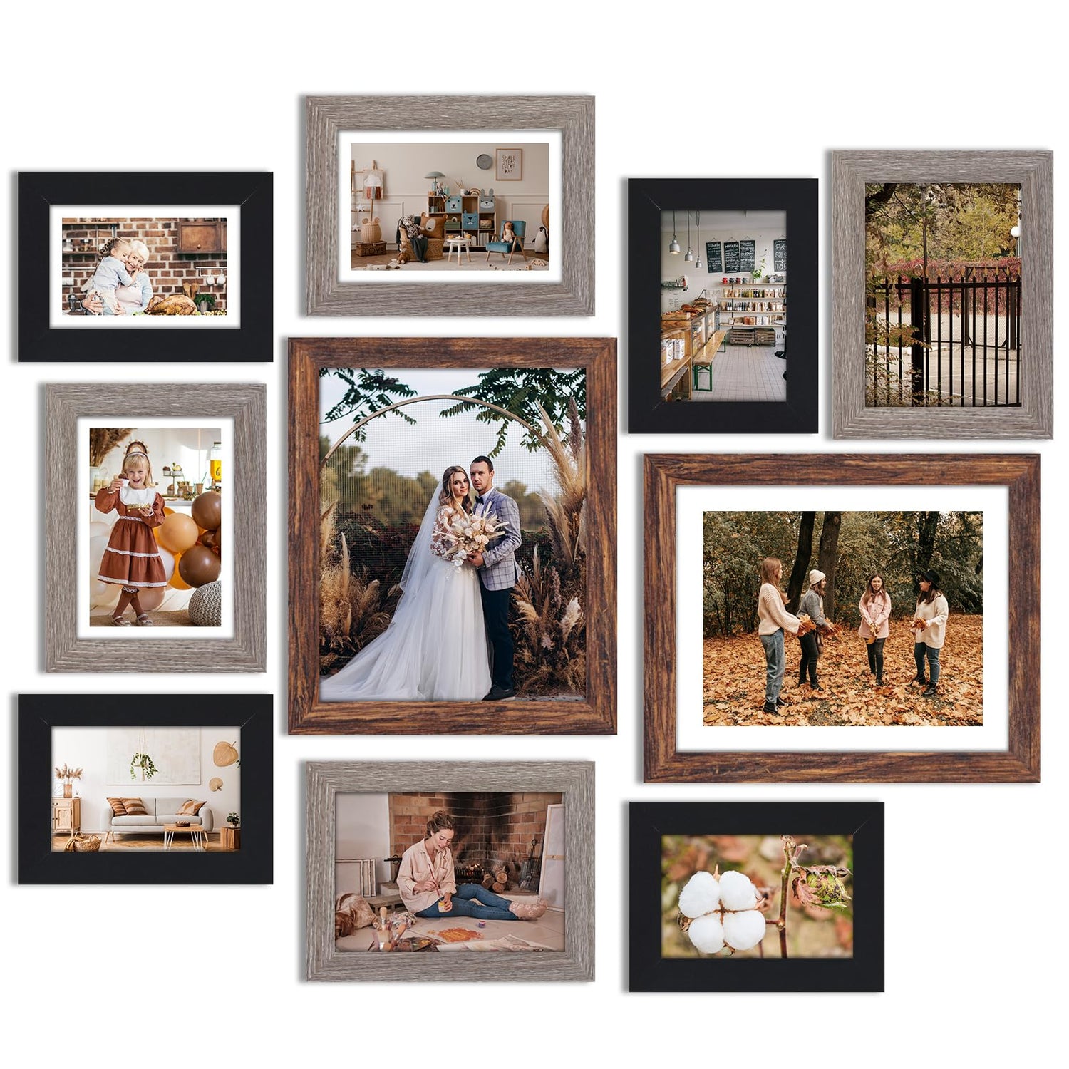 MDF Photo Frame,10-Piece Collage Picture Frames Set for Wall or Tabletop Display in Brown Black and Gray