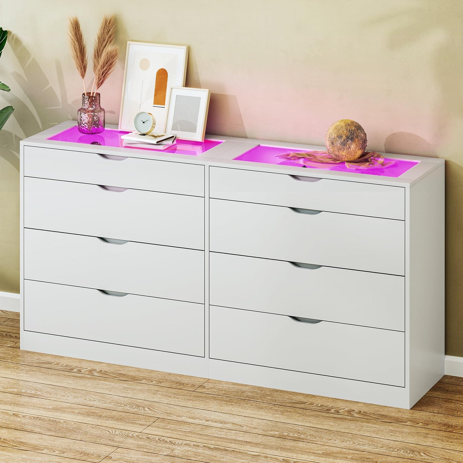 Storage Cabinets & Lockers,Modern 8-Drawer LED Dresser with Glass Top - 55.1"W Double Wide Storage Chest for Bedroom