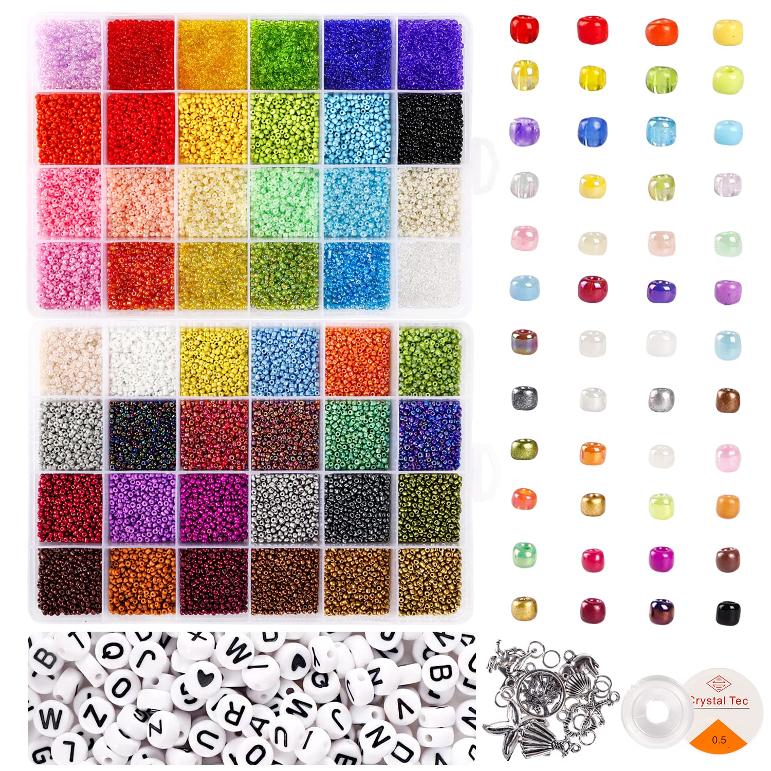 Beads and Sets,35000+ Piece Glass Seed Beads Collection (48 Colors),2mm