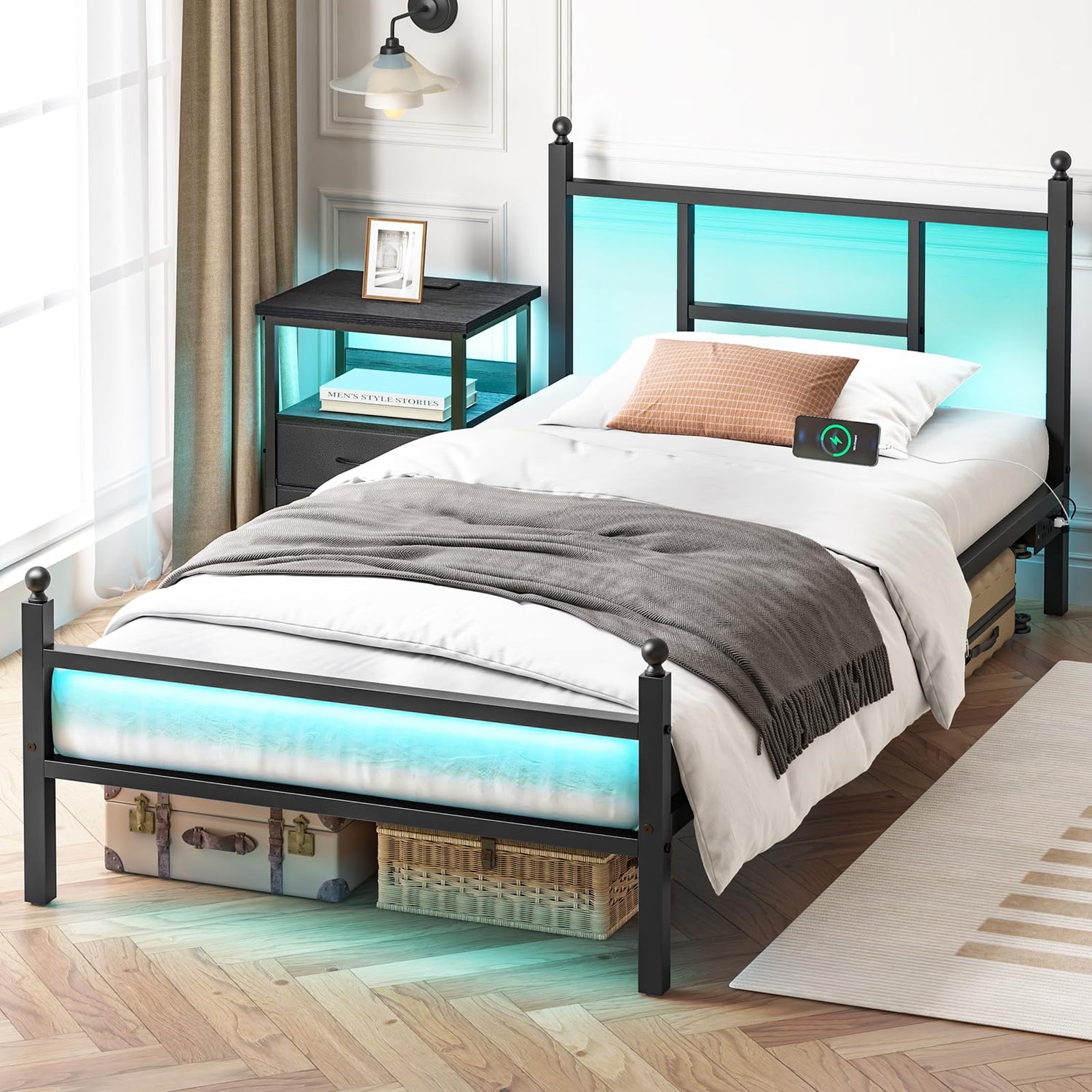 Metal Bed Frame,Twin LED Metal Bed Frame with Charging Station, Black