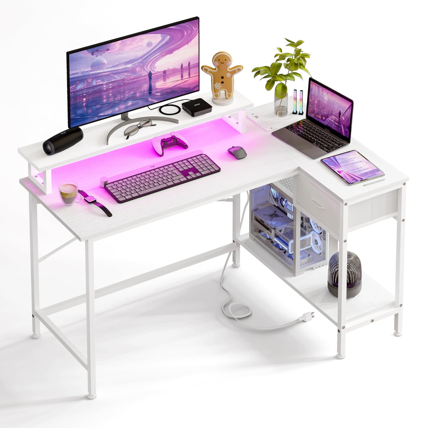 Steel And Wood Office Desk,L-Shaped Gaming Desk with RGB LED Lights & Power Outlets