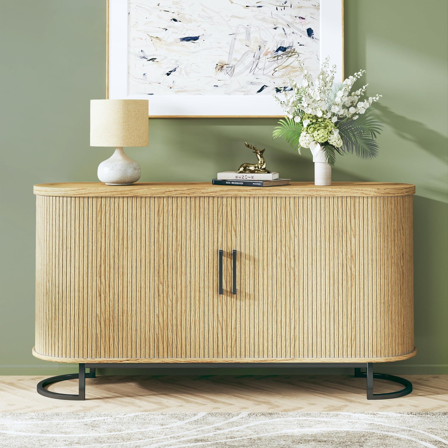Sideboard Buffet Cabinet with Storage,54.3" Fluted Tambour Sideboard Cabinet with Adjustable Shelves
