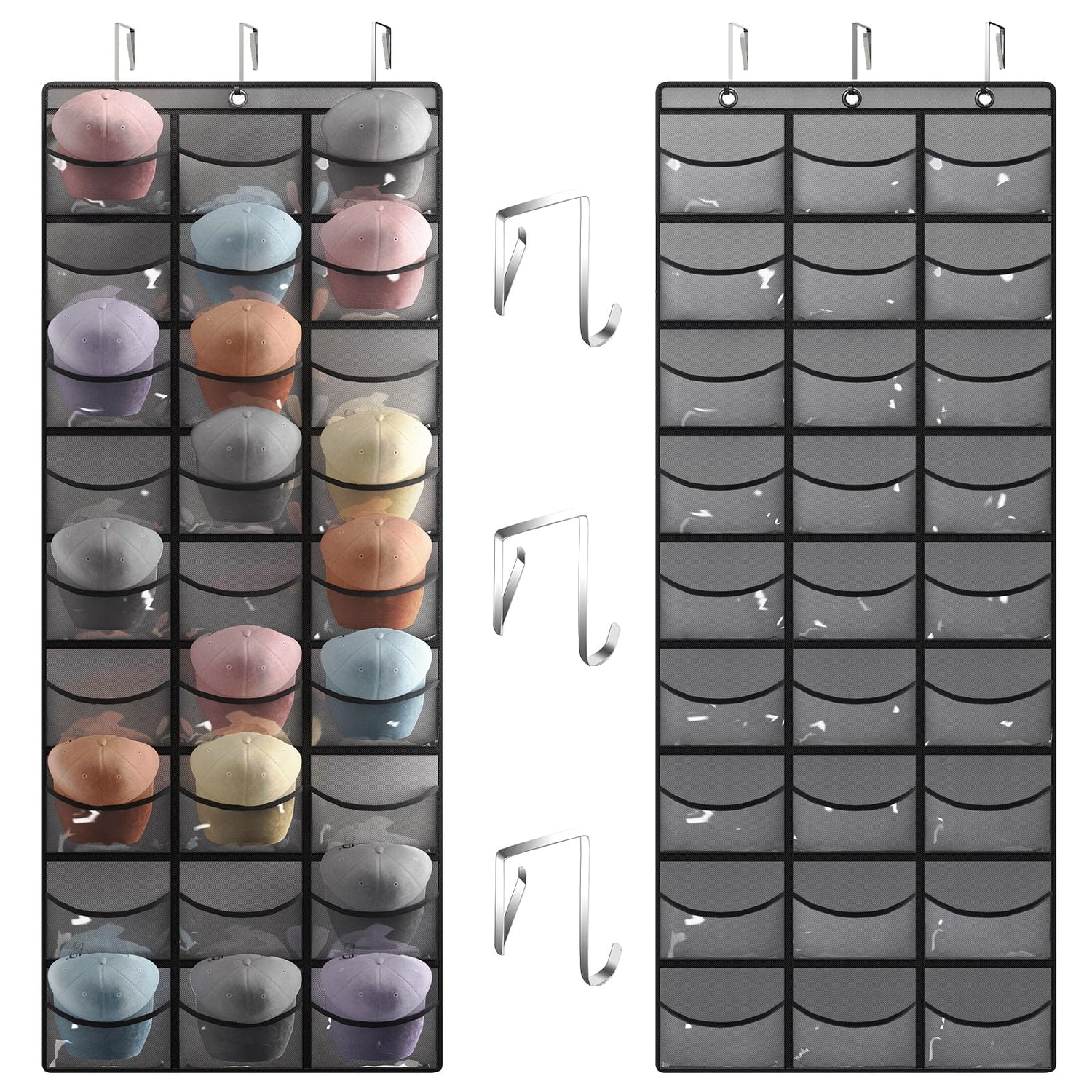 Sewing Storage,27-Pocket Over-Door Hat Organizer - Clear Deep Storage for Baseball Caps with Bonus Hooks