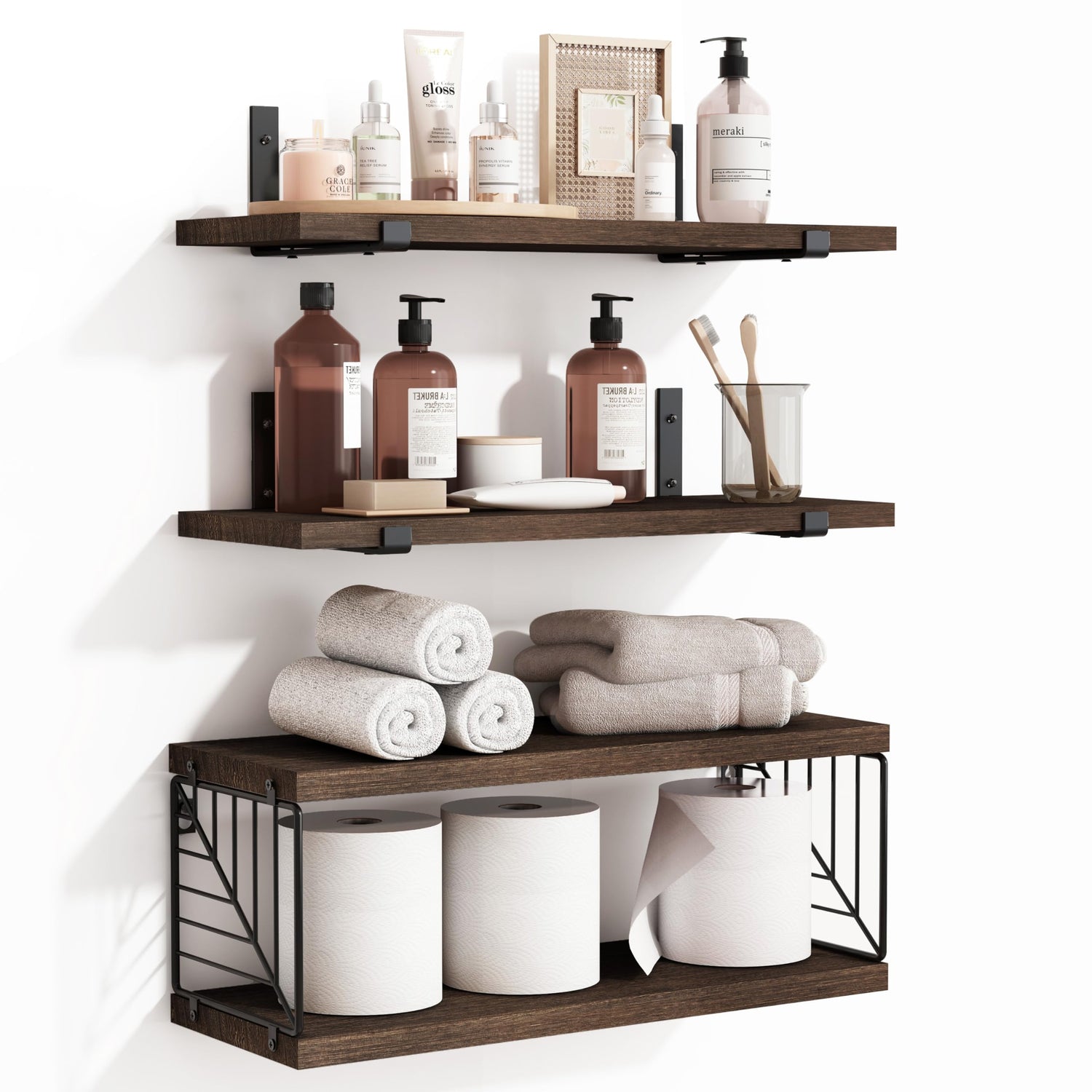Floating Shelves,3+1 Tier Rustic Wood Floating Shelves with Toilet Paper Storage - Farmhouse Bathroom Wall Decor