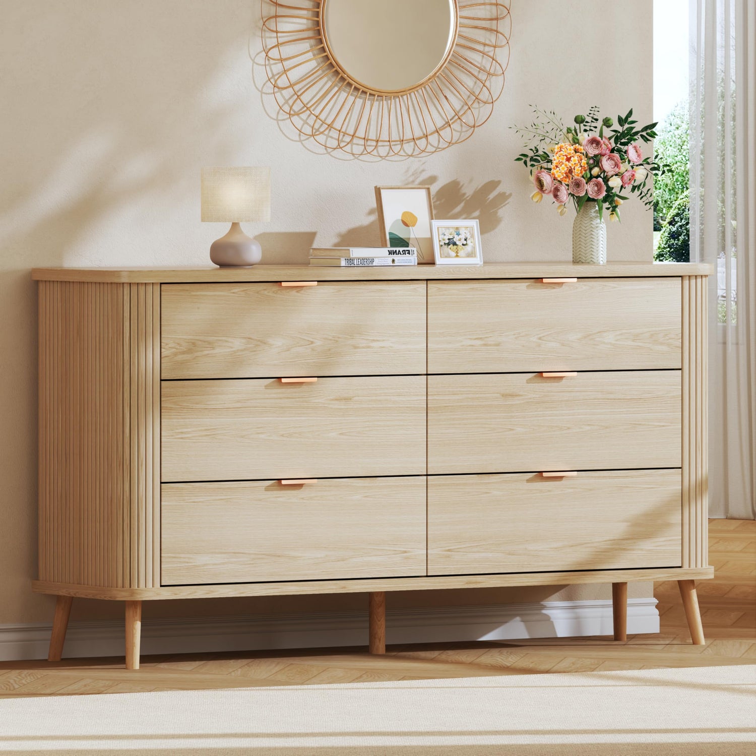 Storage Cabinets & Lockers,Mid-Century Modern 55-Inch Fluted Dresser - Curved 6-Drawer Oak Storage Chest with Tambour Panels