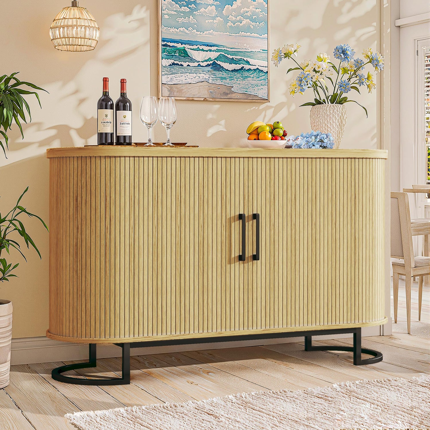 Panel-style side cabinet,47" Mid-Century Modern Sideboard with Tambour Doors - Adjustable Shelves Storage Cabinet - Contemporary Wood Design