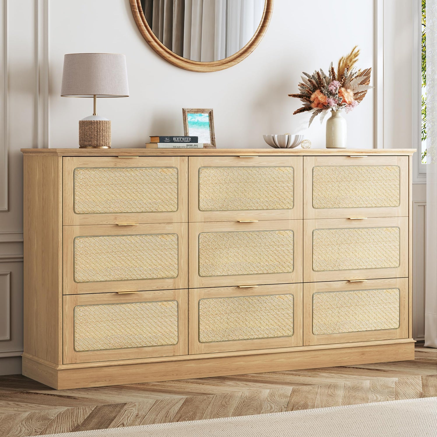 Storage Cabinets & Lockers,Boho Chic 9-Drawer Rattan Dresser - 60" Long TV Stand for 55-70" Screens - Natural Oak Storage Chest