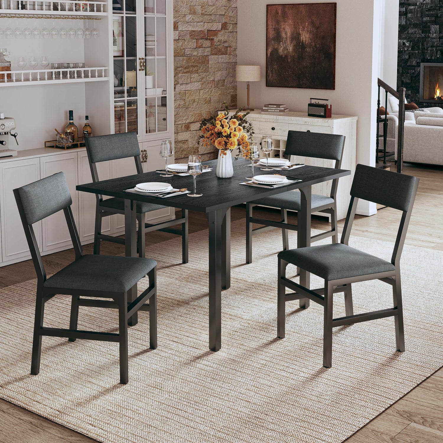 Dining Benches,Space-Saving 4-Piece Dining Set: Extendable T with Metal Frame & Comfortable Cushioned Chairs, Black Finish