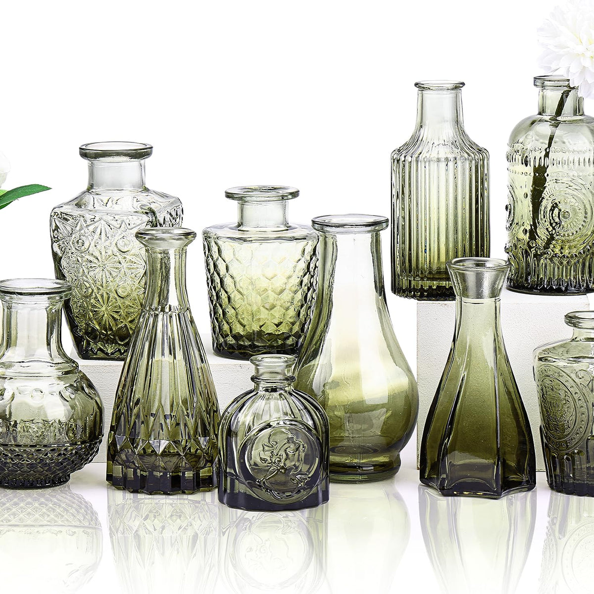 Glass Vase,["14-Piece Graduated Green Glass Vase Set - Vintage Bud Vases for Rustic Centerpieces"