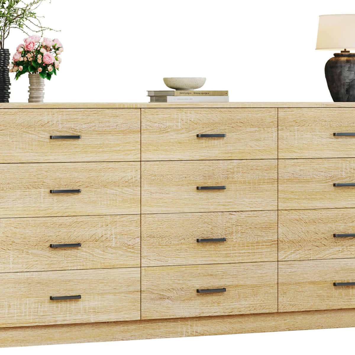 Storage Cabinets & Lockers,60" Wide 12-Drawer Mid-Century Dresser with Natural Wood Grain