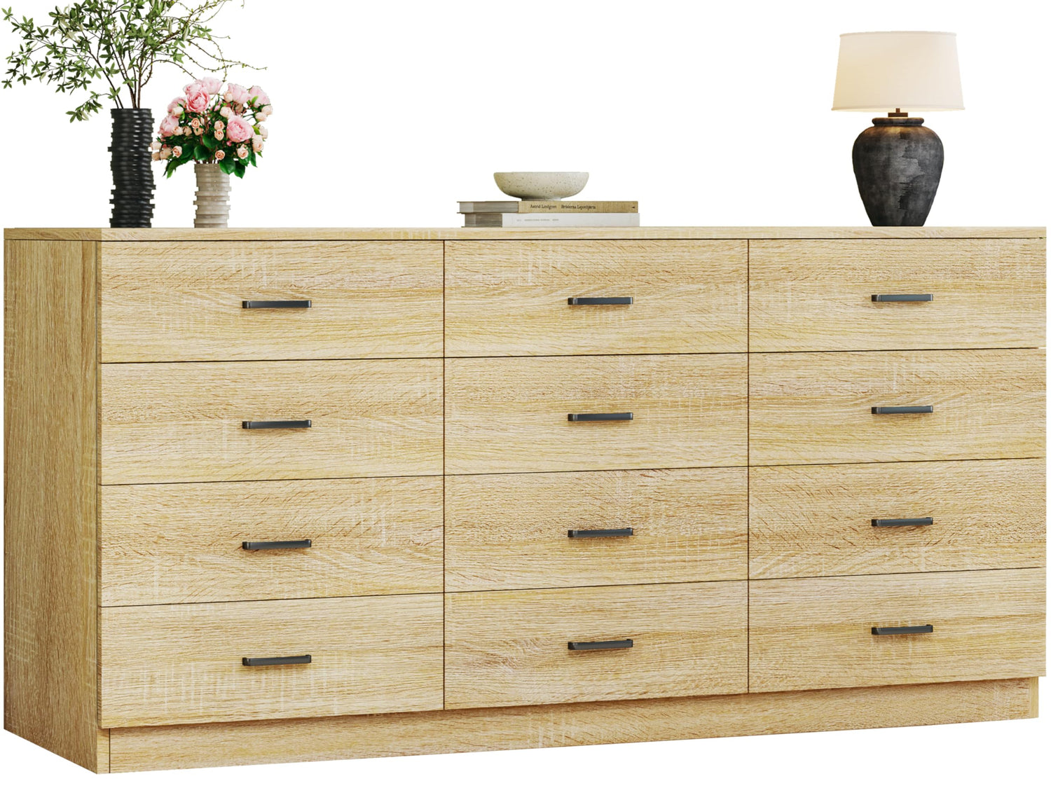 Storage Cabinets & Lockers,60" Wide 12-Drawer Mid-Century Dresser with Natural Wood Grain