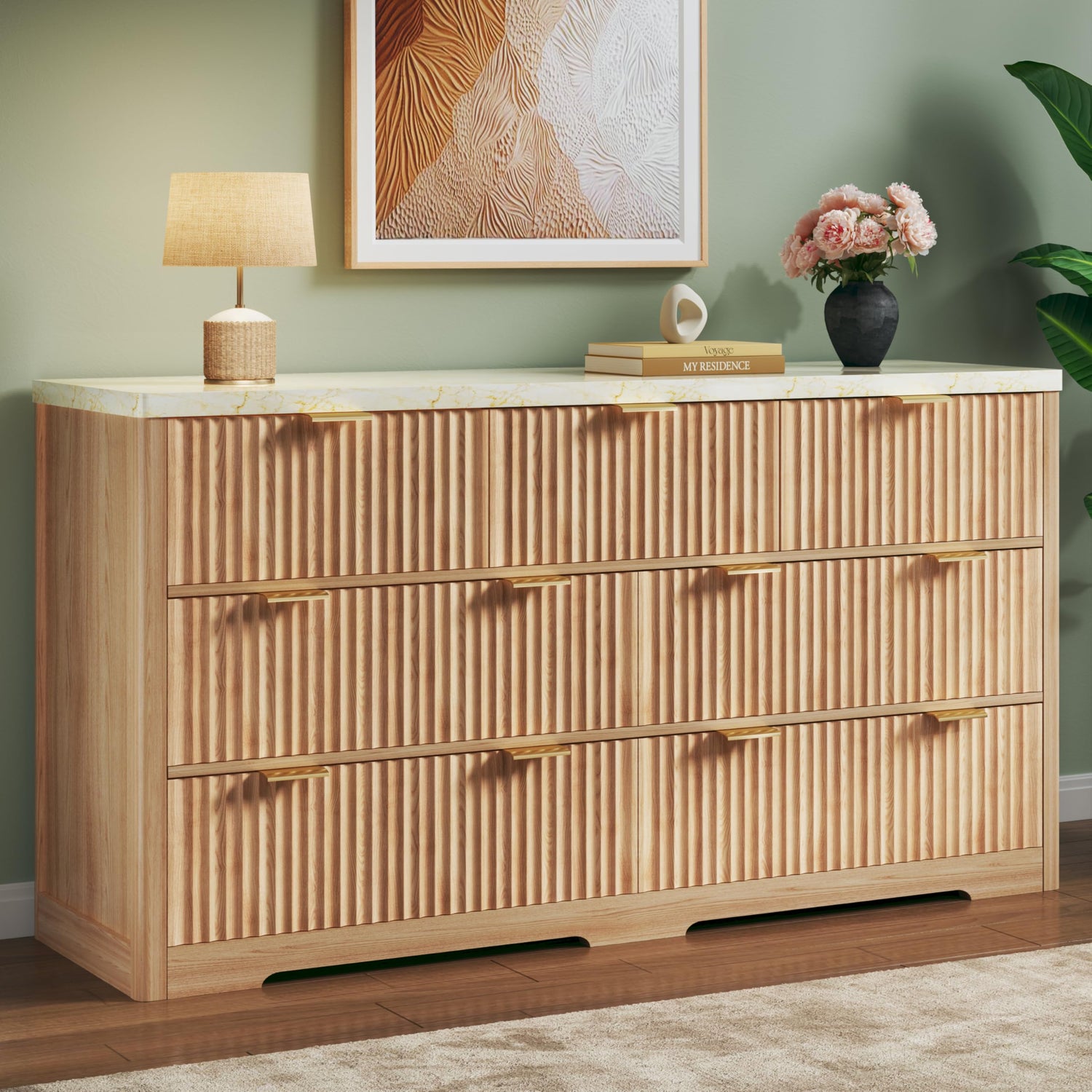 Storage Cabinets & Lockers,53" Fluted Dresser with Faux Marble Top