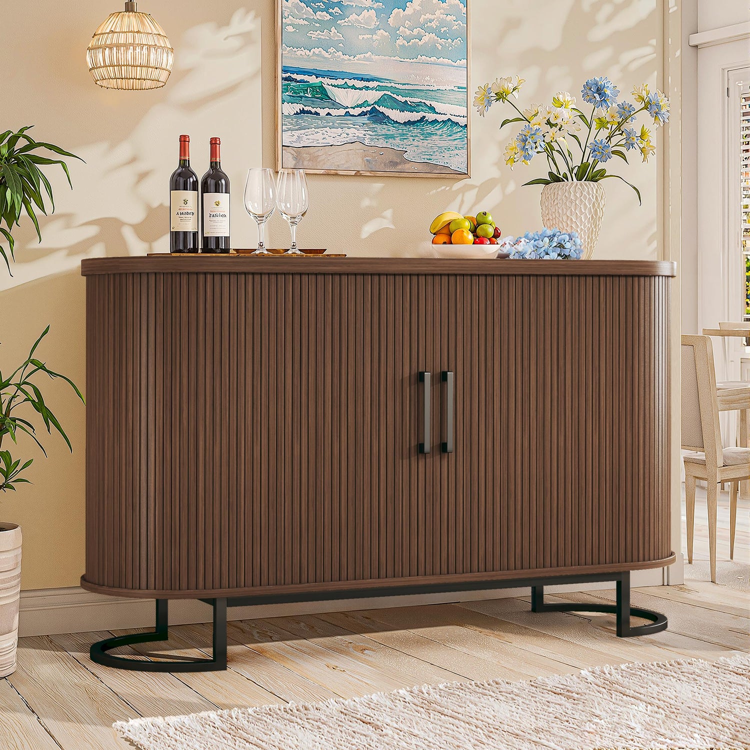 Sideboard Buffet Cabinet with Storage,54.3" Mid-Century Modern Sideboard with Fluted Tambour Doors,Walnut Finish