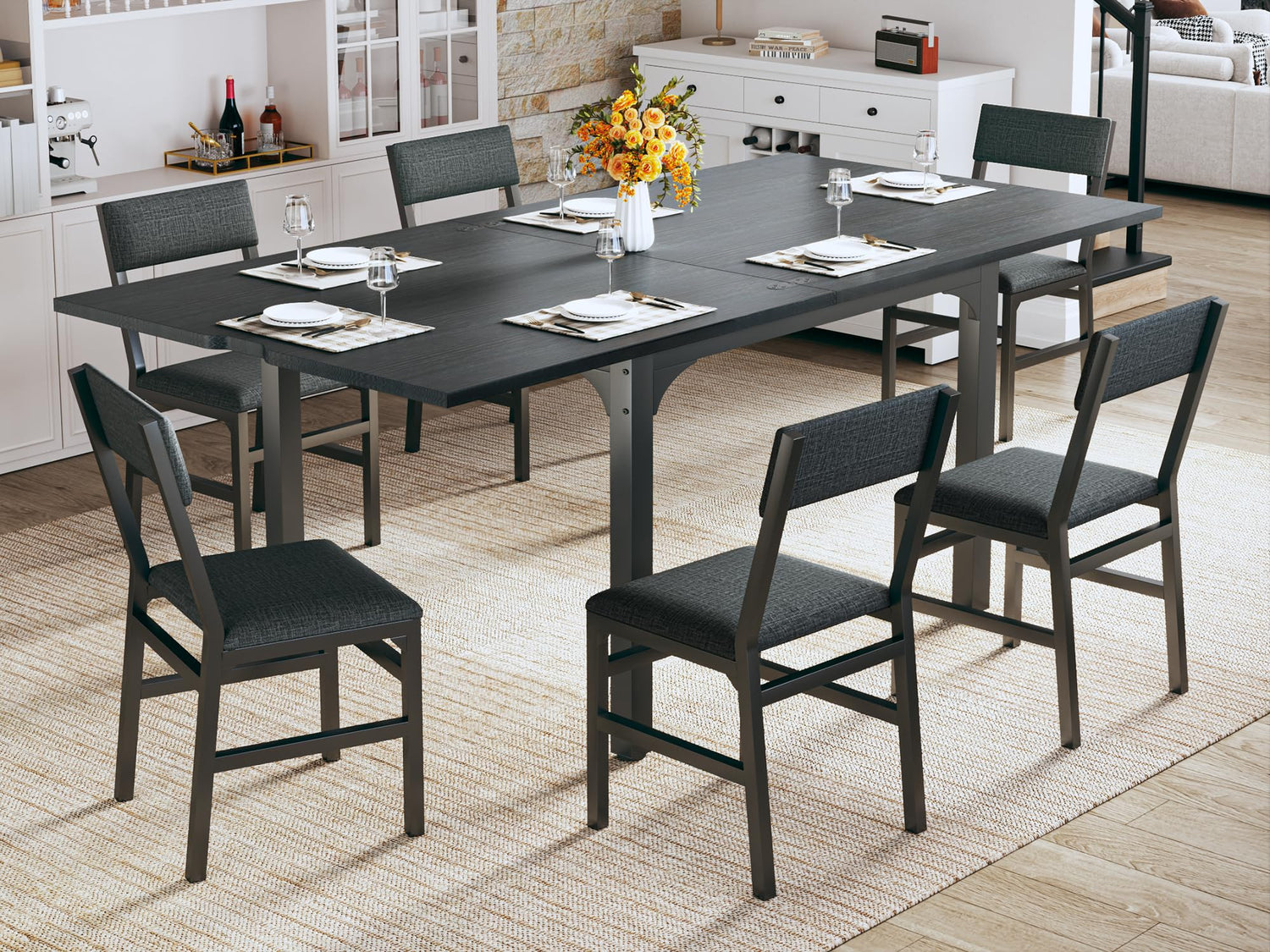 Dining Benches,7-Piece Extendable Dining Table Set for 4-6 - Black Woodgrain Table with 6 Cushioned Chairs