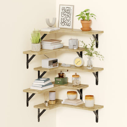 SUPERLELE 5-Pieces Floating Shelves for Wall, Rustic Wood Wall Mounted Corner Shelf Carbonized Black