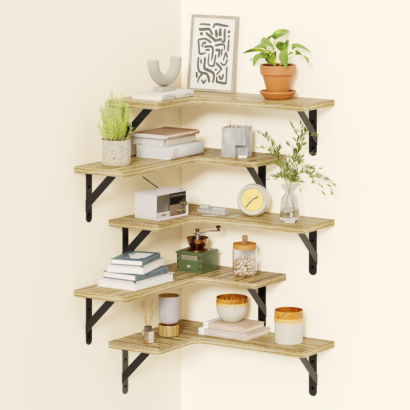 SUPERLELE 5-Pieces Floating Shelves for Wall, Rustic Wood Wall Mounted Corner Shelf Carbonized Black