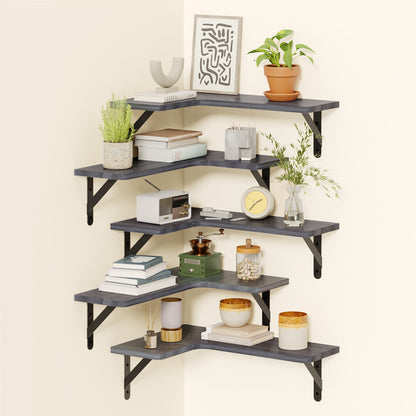 SUPERLELE 5-Pieces Floating Shelves for Wall, Rustic Wood Wall Mounted Corner Shelf Gray