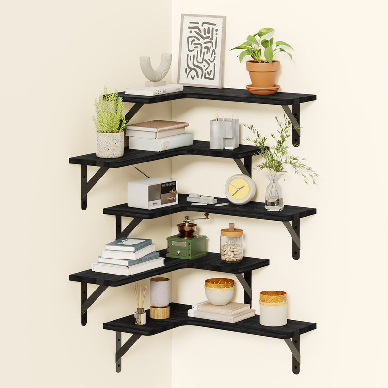 SUPERLELE 5-Pieces Floating Shelves for Wall, Rustic Wood Wall Mounted Corner Shelf Black