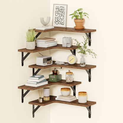 SUPERLELE 5-Pieces Floating Shelves for Wall, Rustic Wood Wall Mounted Corner Shelf Dark Carbonized Black