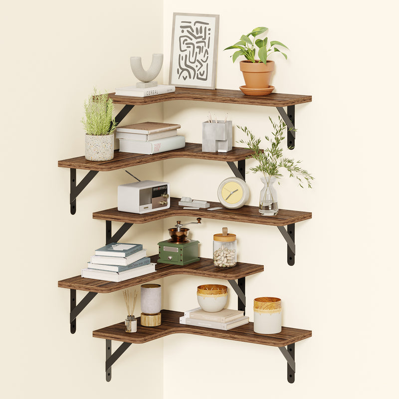 SUPERLELE 5-Pieces Floating Shelves for Wall, Rustic Wood Wall Mounted Corner Shelf Dark Carbonized Black