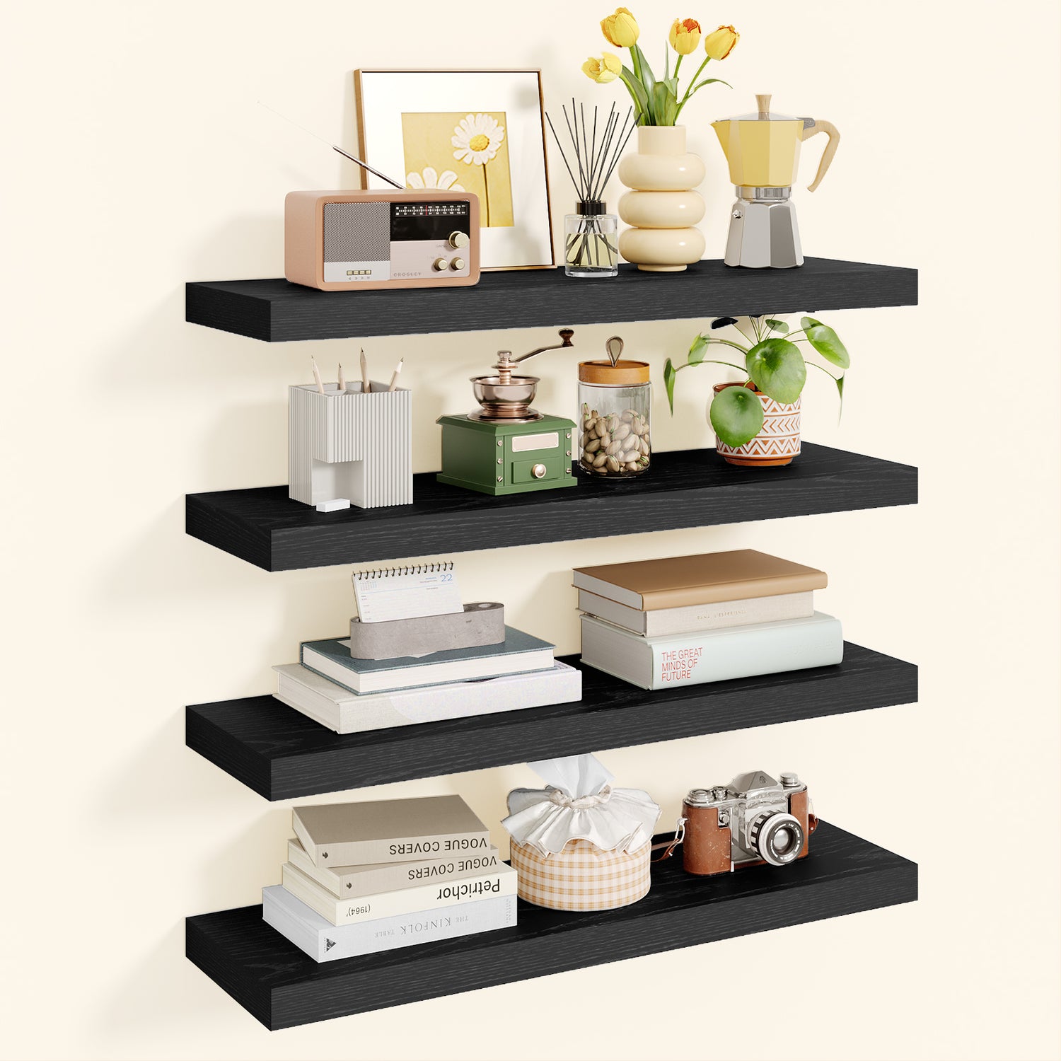 SUPERLELE 4-Pieces Floating Shelves for Wall, Wall Mounted Rustic Wood Shelves Black