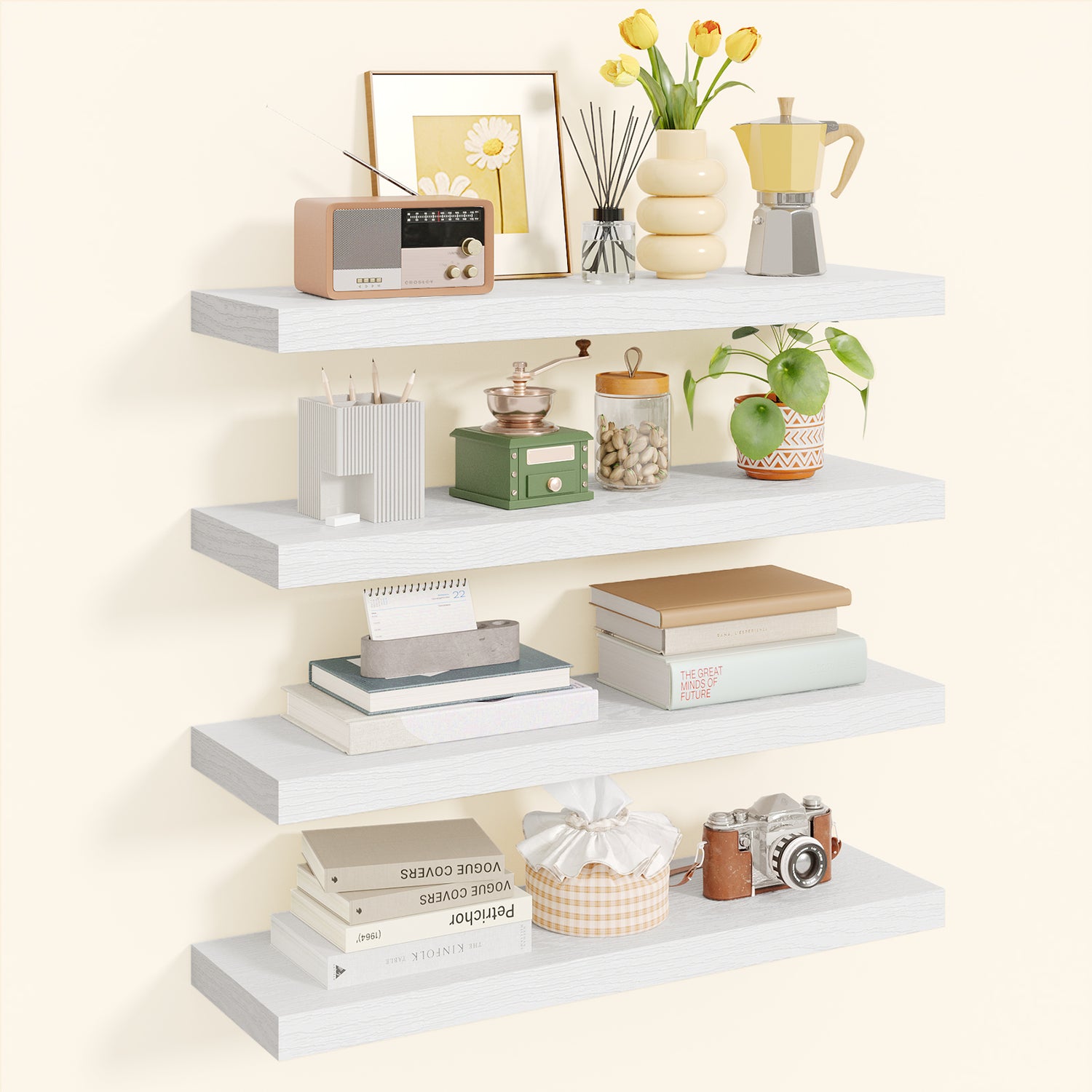 SUPERLELE 4-Pieces Floating Shelves for Wall, Wall Mounted Rustic Wood Shelves White