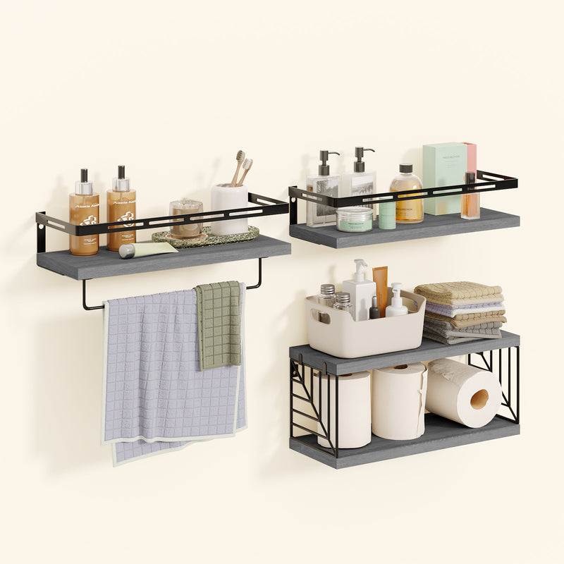 SUPERLELE 3+1 Tier Wall-Mounted Shelves with Metal Frame and Towel Bar Gray
