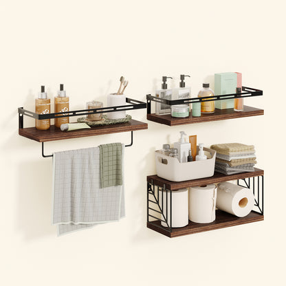 SUPERLELE 3+1 Tier Wall-Mounted Shelves with Metal Frame and Towel Dark Brown