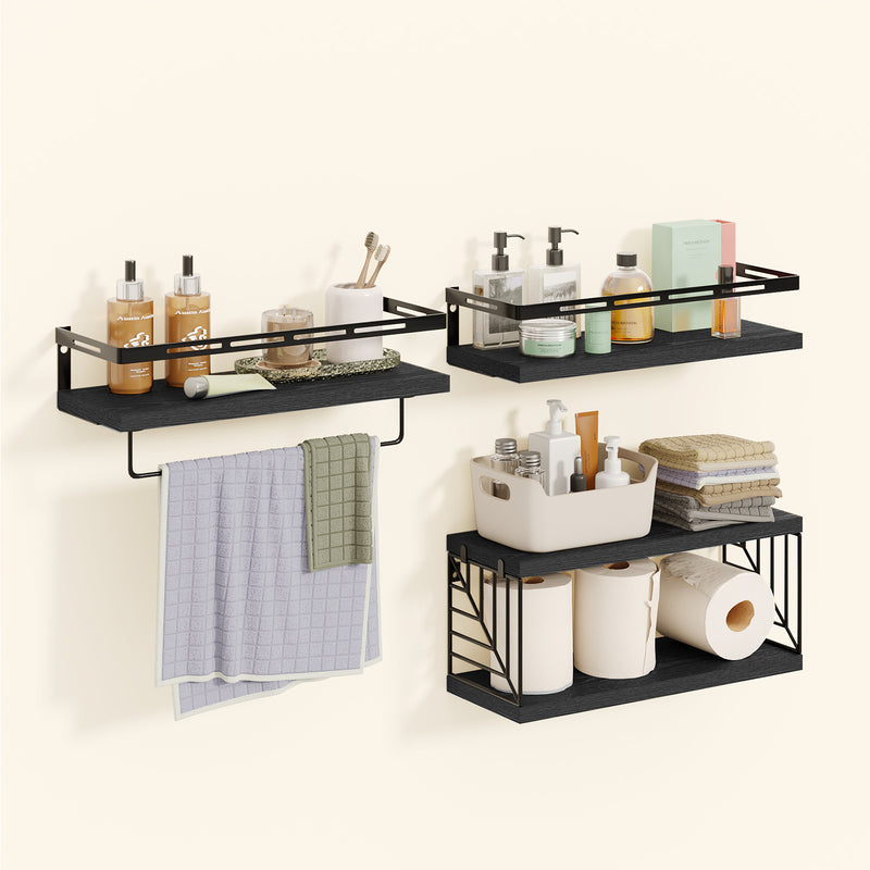 SUPERLELE 3+1 Tier Wall-Mounted Shelves with Metal Frame and Towel Black