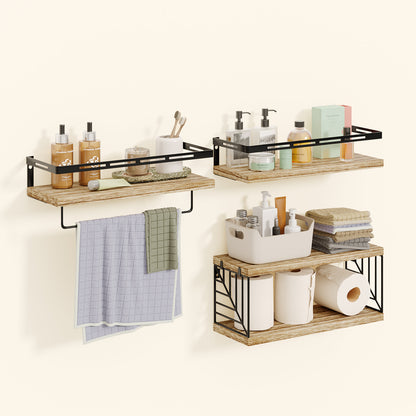 SUPERLELE 3+1 Tier Wall-Mounted Shelves with Metal Frame and Towel Rustic Brown