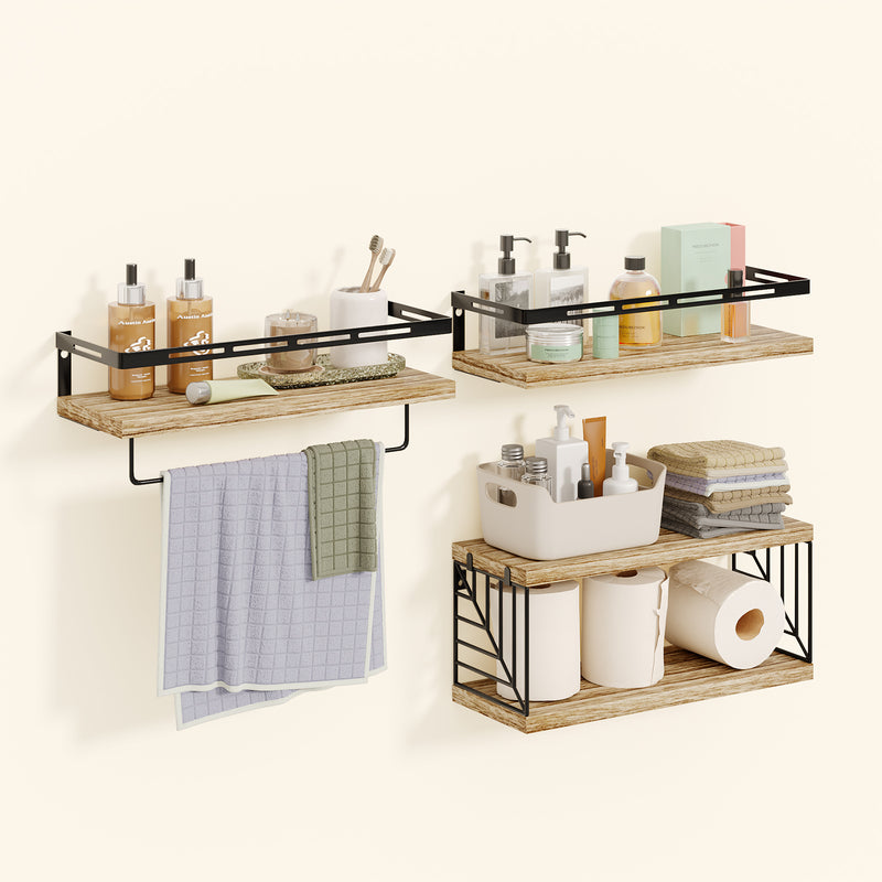 SUPERLELE 3+1 Tier Wall-Mounted Shelves with Metal Frame and Towel Rustic Brown