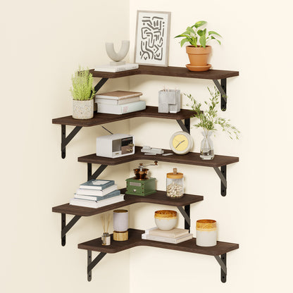 SUPERLELE 5-Pieces Floating Shelves for Wall, Rustic Wood Wall Mounted Corner Shelf Walnut Brown
