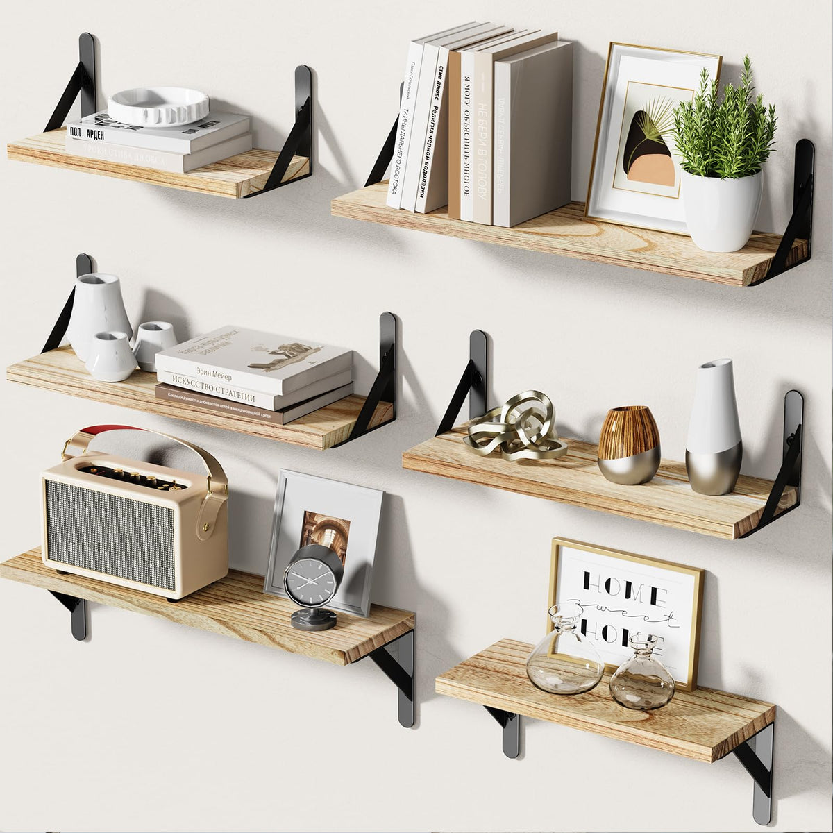 SUPERLELE 6 Pcs 3 Sizes Wooden Wall Mounted Shelves
