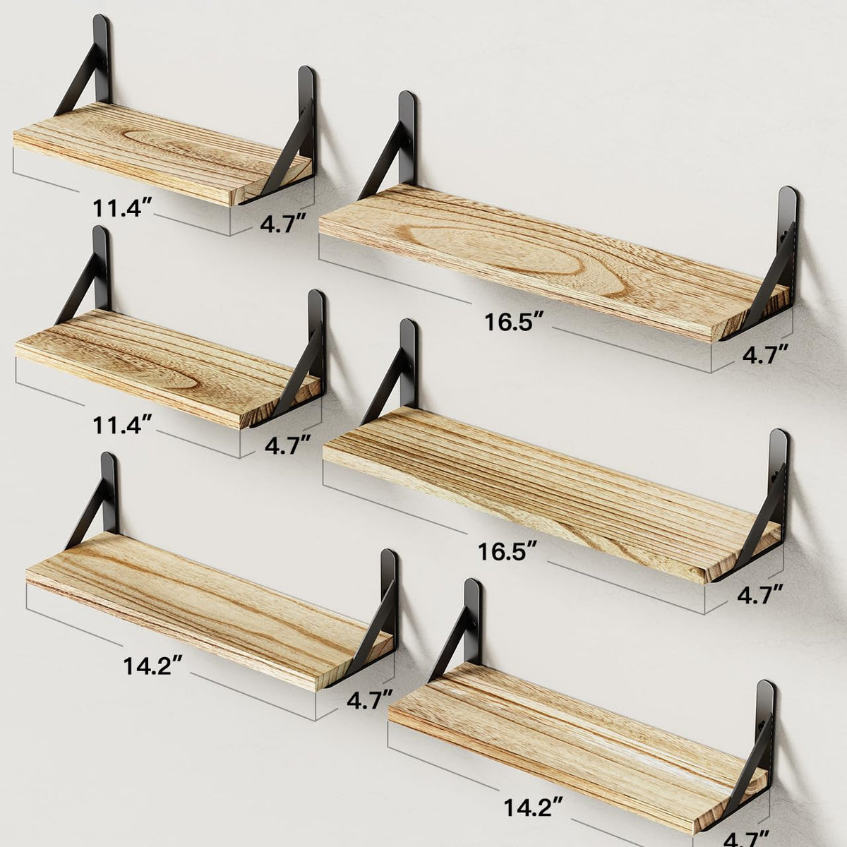 SUPERLELE 6 Pcs 3 Sizes Wooden Wall Mounted Shelves
